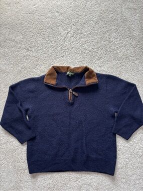 Vintage Orvis 100% Alpaca Quarter Zip Sweater Navy Blue Brown Collar Men’s XL